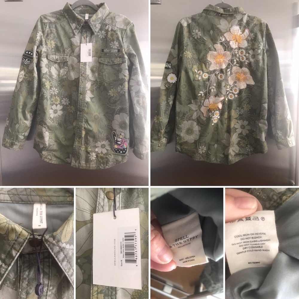 Spell Olive Green Floral Military Shirt Jacket - Picture 3 of 3